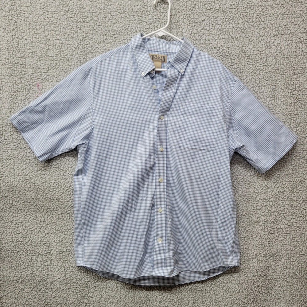 Duluth Trading Co Mens Large Blue White Check Cotton Short Sleeve Button Down